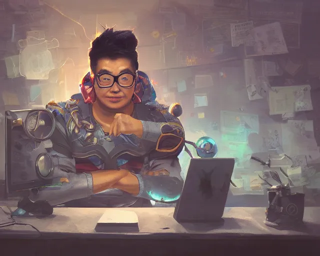 Image similar to an insanely detailed painting of a nerdy asian man wearing a superhero costume, sitting at a desk, staring at the nervously at the computer and typing, in the style of peter mohrbacher, dramatic lighting and composition, surreal background, octane render, pixar, trending on artstation, concept art, comic book, view from behind