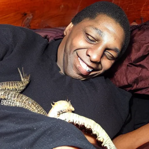 Image similar to happy john coltrane snuggling a giant mealworm in bed