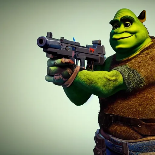 Image similar to pistol skin of shrek, masterpiece, highly detailed, high quality, 4 k, anatomically correct, hyperrealistic, concept art, octane render, unreal engine 5, trending on artstation, trending on deviantart, matte, historical painting, fantasy style, path traced, high coherence, soft lighting, digital painting, mythical
