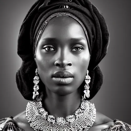 Image similar to vintage portrait of a stunningly beautiful west african female, depth of field, zeiss lens, detailed, symmetrical, centered, fashion photoshoot, by edward s curtis, Annie Leibovitz and Steve McCurry, David Lazar, Jimmy Nelsson, Breathtaking, 8k resolution, extremely detailed, beautiful, establishing shot, artistic, hyperrealistic, beautiful face, octane render