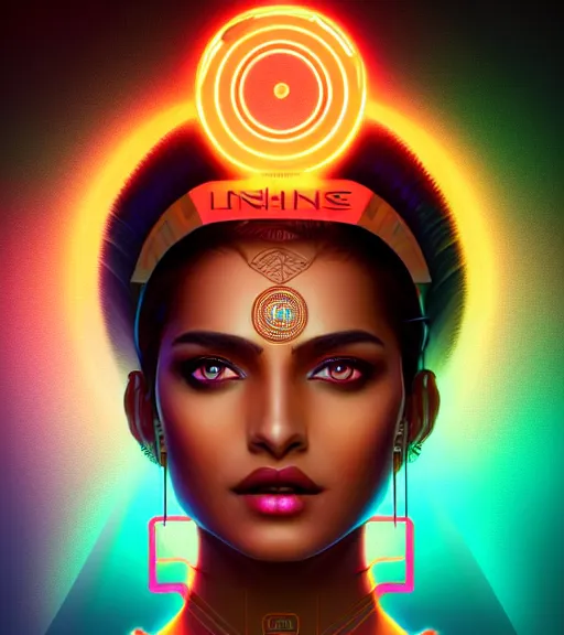Image similar to symmetry!! indian princess of technology, solid cube of light, hard edges, product render retro - futuristic poster scifi, lasers and neon circuits, brown skin gorgeous indian princess, intricate, elegant, highly detailed, digital painting, artstation, concept art, smooth, sharp focus, illustration, dreamlike, art by artgerm