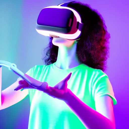 Prompt: portrait art of a woman playing with a vr headset in a cyan and purple lit neon room