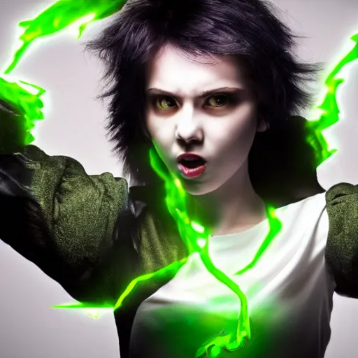 Prompt: Low-angle of a young female warlock with short green hair, wearing a white shirt with a black vest, serious expression, firing bursts of green magical energy, detailed, HD, fantasy