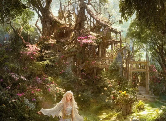 Image similar to female elves with wings of lace in lord of the rings scenery landscape, treehouse, flowers, beautiful day, highly detailed, perfect lighting, perfect composition, 4 k, artgerm, derek zabrocki, greg rutkowski, alphonse mucha