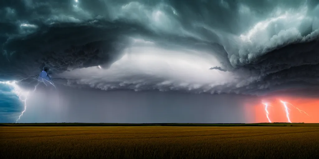 Image similar to a supercell storm dark and brooding far away in the distance, open farming fields the foreground during sunset, storm of all storms, end of the world, nature, cinematic, hyperrealistic, evil, dark, cgsociety, 8 k, by stephen king