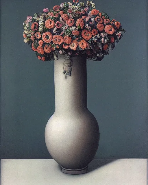 Prompt: a vase of flowers by h. r. giger and rene magritte