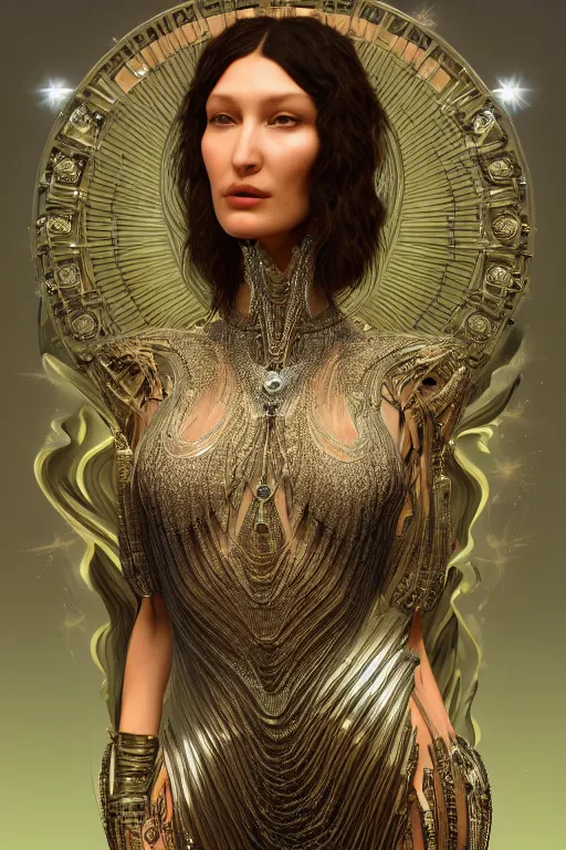 Image similar to a highly detailed portrait of a beautiful ancient alien techno woman goddess bella hadid in iris van herpen dress in diamonds and fractals in style of alphonse mucha art nuvo dmt trending on artstation made in unreal engine 4