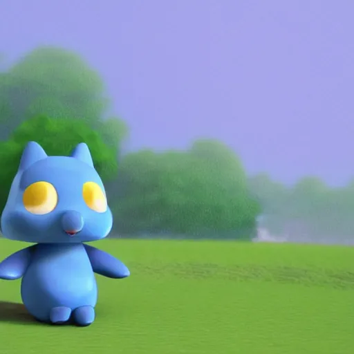 Image similar to a small blue animal sitting on top of a lush green field, a screenshot by ken sugimori, tumblr, toyism, ps 1 graphics, physically based rendering