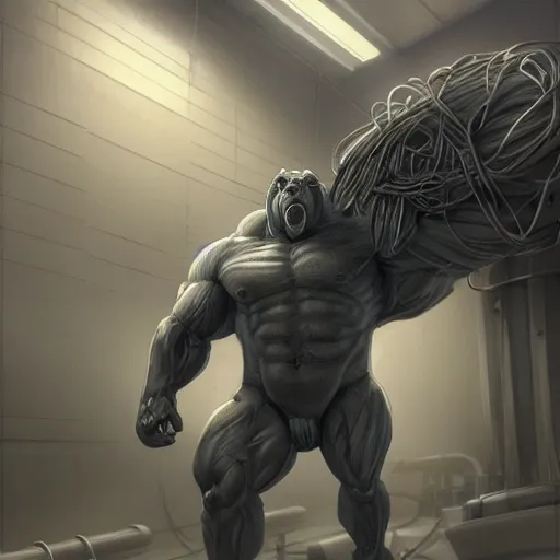 Image similar to a hulking musclebound male anthro horse in a form - fitting outfit with numerous cables attached, in a research facility, exaggeratedly large physique, highly detailed, digital painting, artstation, sharp focus, smooth, concept art, illustration, art by artgerm, greg rutkowski, wlop