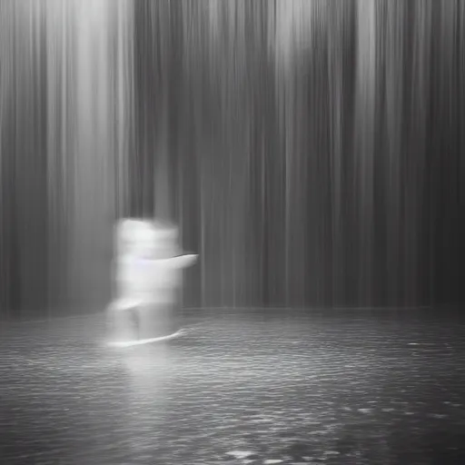 Image similar to an abstract photograph of a lonely male shadowy figure, he is dancing, there is a dark street, it is flooded with water, long exposure, motion blur, 35mm, black-and-white