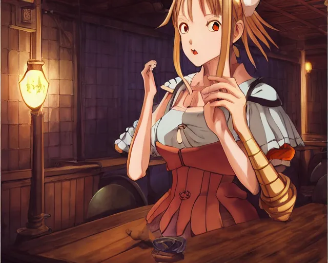 Image similar to anime visual, portrait of a young female in a busy fantasy medieval tavern interior at night, face by yoh yoshinari, murata range, last exile, blue submarine no 6, dynamic pose, dynamic perspective, detailed silhouette, rich texture, seven deadly sins anime, flat, anime cels, matte color, flat lighting on face, rounded eyes