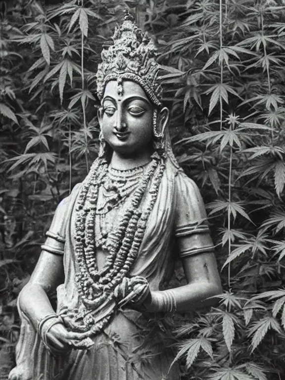 Image similar to hindu goddess in cannabis forest, ww1 photo, grainy, high detail, high resolution,