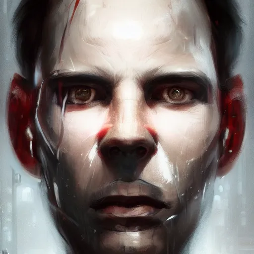 Image similar to Portrait of a man by Greg Rutkowski, symmetrical face, an young man with a VR Heaset covering his eyes, Kubric Stare, cold, twisted and sinister smile, highly detailed portrait, scifi, digital painting, artstation, book cover, cyberpunk, concept art, smooth, sharp foccus ilustration, Artstation HQ