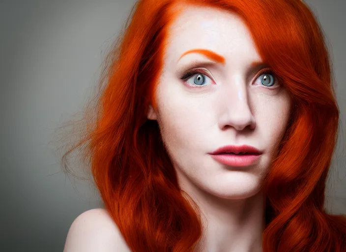 Image similar to 5 5 mm portrait photo of a redhead woman's face with ( intricate cat eyes )!!. highly detailed 8 k. intricate. lifelike. soft light. nikon d 8 5 0. cinematic post - processing