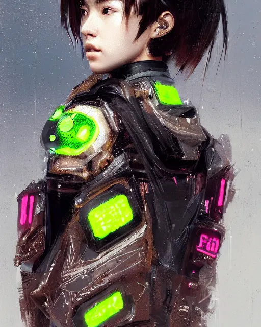 Image similar to detailed portrait neon guard girl with very short brown hair seen from the back, cyberpunk futuristic, reflective puffer jacket, black leggings, decorated with traditional japanese ornaments by ismail inceoglu dragan bibin hans thoma, perfect face, fine details, realistic shaded, fine - face, pretty face