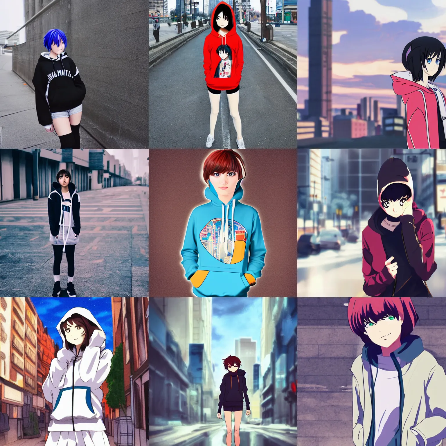 Prompt: girl wearing hoodie, city, anime shinkai makoto