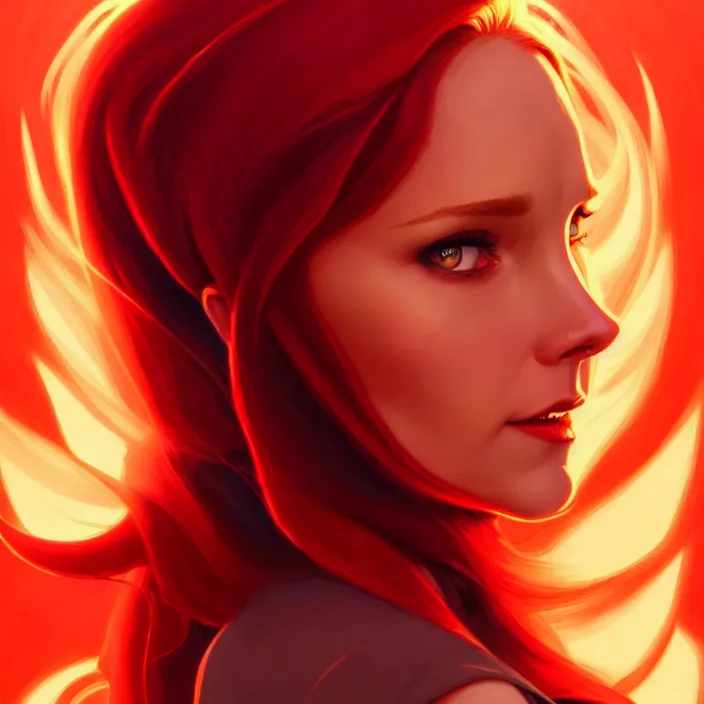 Image similar to style artgerm, joshua middleton, beautiful kristen bell with dark red dress, very long orange hair, symmetrical face, symmetrical eyes, fire powers fire swirling, detailed, volcano setting, cinematic lighting