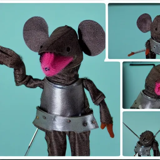 Prompt: a mouse wearing a shining suit of armor wielding a sewing needle, puppet, stop motion, felt