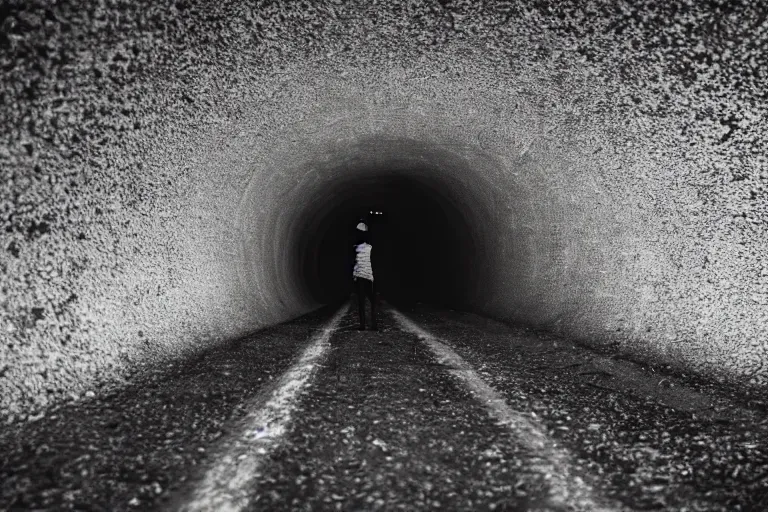 Image similar to a person going through all his memories in a tunnel, dramatic angle