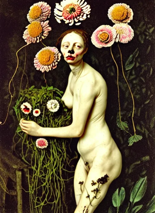 Image similar to beautiful and detailed rotten woman made of plants and many types of stylized flowers like carnation, daisy, chrysanthemum, anemone, roses and tulips, intricate, surreal, john constable, gustave courbet, caravaggio, romero ressendi, bruno walpoth 1 9 1 0 polaroid photo