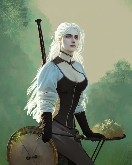 Image similar to Pre-Raphaelite Ciri from Witcher 3 by Studio Ghibli and UFO Table, intricate, elegant, highly detailed, digital painting, pale