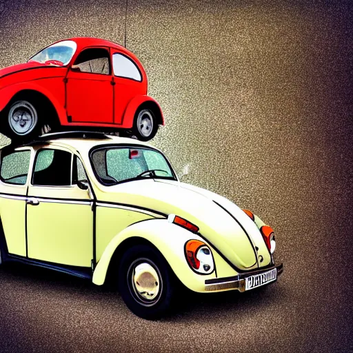 Image similar to red beetle car on top of a tall pole, digital art, photorealistic