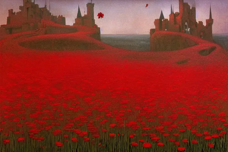 Image similar to only with red, red flowers of different types, a castle in the background, red orcs and trolls dance over the flowers, in the style of beksinski, part by hopper, part by rodcenko, part by hofbauer, intricate composition, red by caravaggio, insanely quality, highly detailed, masterpiece, red light, artstation, 8 k