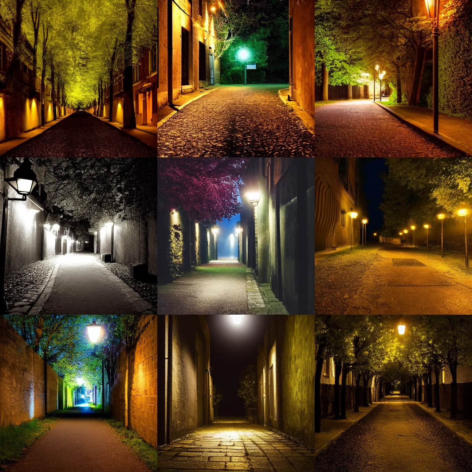 Prompt: a dark alley illuminated by a lamp post above the trees, leaves shadows on the ground, atmospheric, warm summer nights