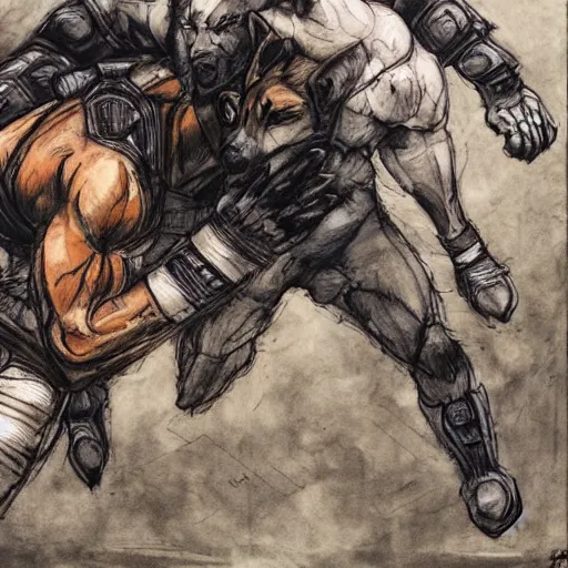 Image similar to a humanoid german shepherd beast - man wrestling with another german shepherd in the middle of an arena, pencil art, added detail, high definiton, colored, aerial viewyoji shinkawa