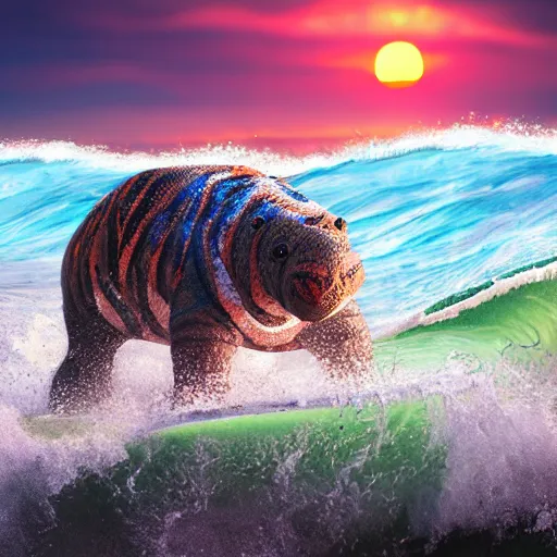 Image similar to a closeup photorealistic photograph of a cute smiling knitted tiger hippopotamus riding a wave at sunset. surf in background. professional capture. brightly lit scene. this 4 k hd image is trending on artstation, featured on behance, well - rendered, extra crisp, features intricate detail, epic composition and the style of unreal engine.