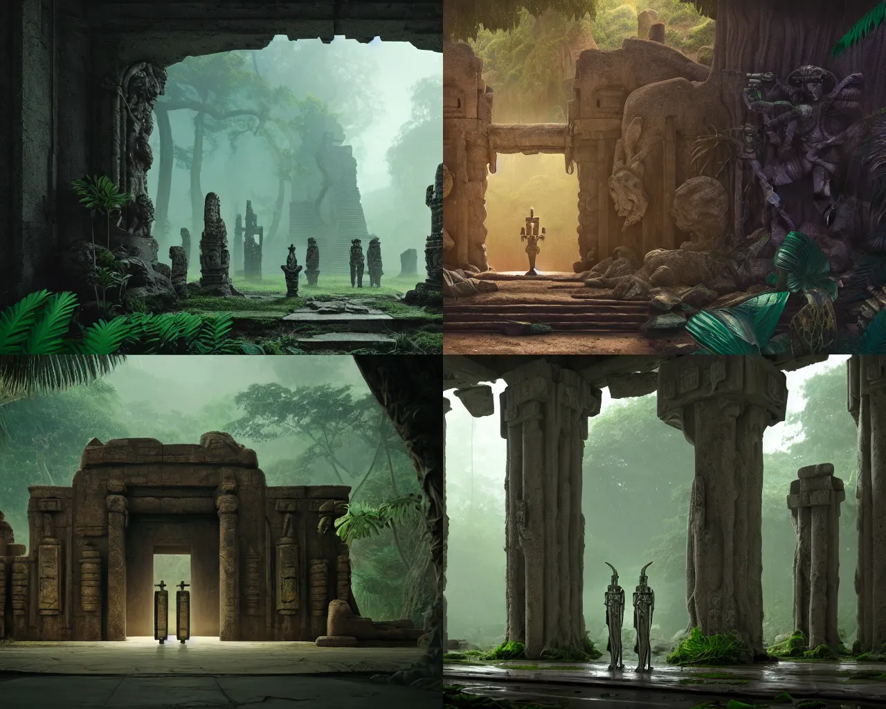 Prompt: Mysterious entrance of sci fi ancient ruin temple with guard statues and beautiful relief, alien jungle forest, matte painting by James Gilleard, featured in artstation, octane render, cinematic, elegant, intricate, 8k
