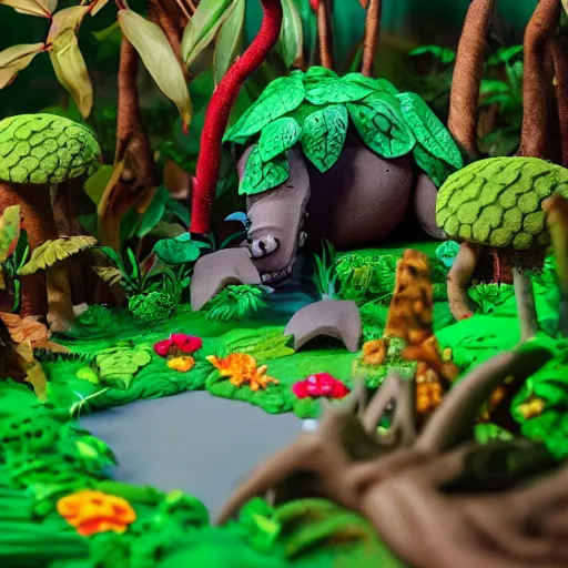 Prompt: A claymation scene of highly detailed hyper real Jungle, vines, trees, birds, flowers, dappled light, lens flare, “Stegosaurus made of plasticine”