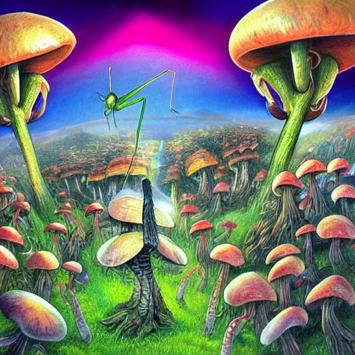 Prompt: 4 k headshot portrait of a psychedelic demonic anthropomorphic praying mantis with mushroom themed clothes, magic mushroom village in background by jeff easley, award winning, stylized neon, post - processing, masterpiece, superb resolution. in the art style of junji ito and greg rutkowski. detailed mushroom city in background. hyper realistic anime. perfect art. dalle 2
