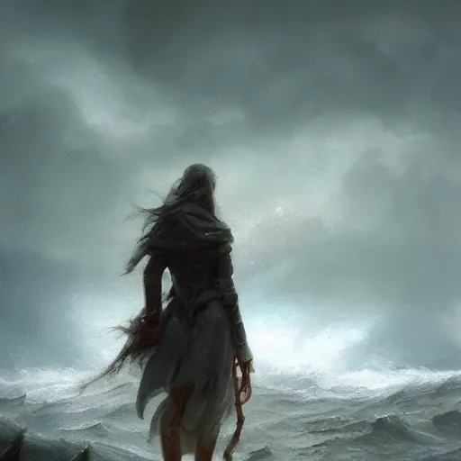 Image similar to concept art, facing the back of a womand standing alone in the middle of a sea storm, thunderstom, rain, medieval, dark concept art, painting by wlop, nixeu and greg rutkowski, beautiful, semirealism, artstation, octane render, sharpness, 8 k, golden ratio