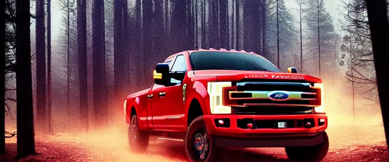 Prompt: red Ford F-250 super duty pickup truck (2018), an epic fantasy, dramatic lighting, cinematic, establishing shot, extremely high detail, photorealistic, cinematic lighting, artstation, by simon stalenhag, driving on a forest trail