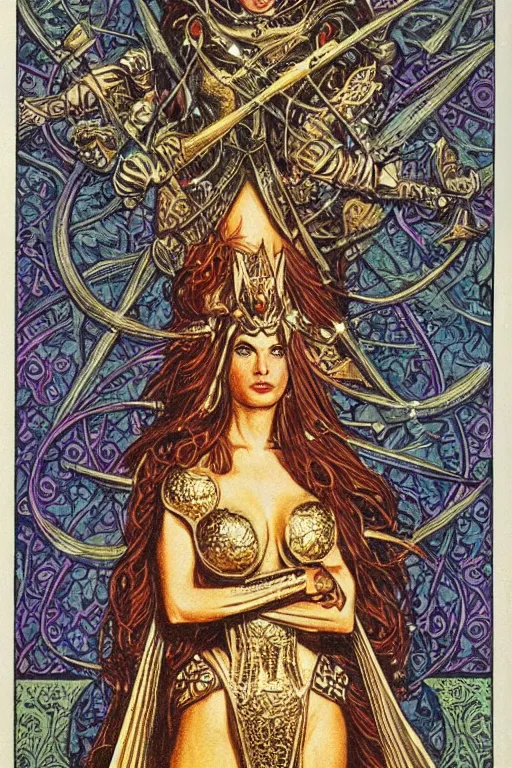 Image similar to Portrait of an epic space queen sorceress with long hair wearing armor with ornate bronze and gold, Art Noveau retro science fiction cover by William Morris and Kelly Freas (1965), vintage 1960 print, tarot card, vivid, highly detailed, cgsociety, artgerm