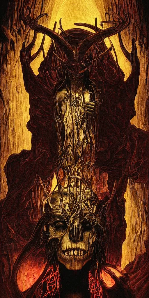 Prompt: intense glowing black metal pagan god with horns and veins and intense glowing eyes and a blood skull in very dark wooden cathedral by beksinski and alphonse mucha and artgerm and karol bak, portrait, fantasy, clear, light beams, lens flare, intense, uhd, amazing depth, cinematic lighting, shining gold and black and red