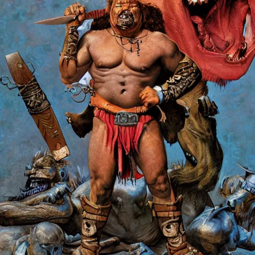 Prompt: grinning pit bull barbarian, fantasy warrior, drooling, ultra detailed, rule of thirds, crispy, super sharp, 4 k, style of norman rockwell, style of richard corben.