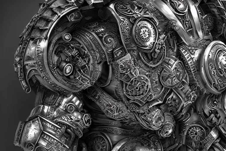 Prompt: A cyberpunk ornate wolf made of engraved full plate armor and gears, Macro shot by Justin Gerard, unreal engine, physically based rendering