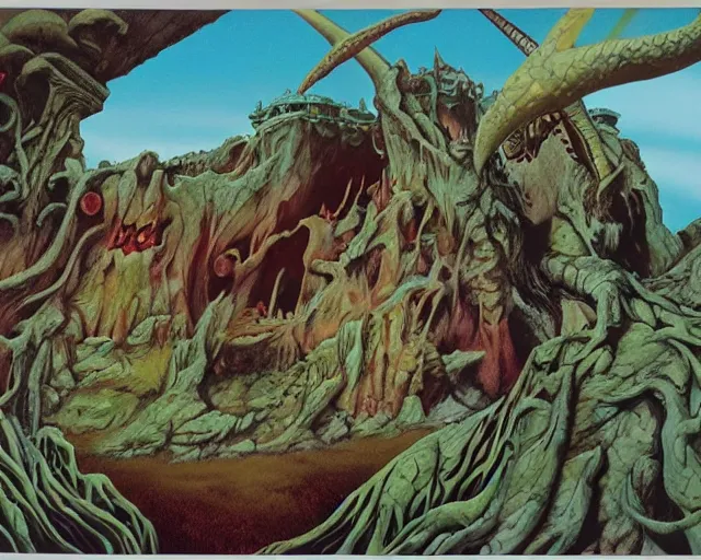 Image similar to roger dean 1 9 8 0 s heavy metal imagery satanic symbolism, illustration art, album art