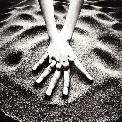 Prompt: chrome hand emerging from sand, high angle view, surrealist album cover art by storm Thorgerson, 1978