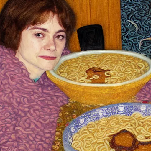 Prompt: a portrait of female Asa Butterfield mixed with Pam beesly eating ramen in a restaurant by gustav klimt