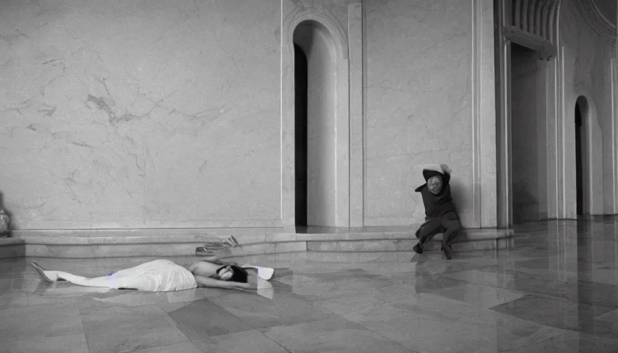 Prompt: 1 9 6 0 s movie still of chrysippuslaughing hysterically on the floor mouth large open in a neoclassical room with marble tiles, cinestill 8 0 0 t 3 5 mm b & w, high quality, heavy grain, high detail, texture, dramatic light, anamorphic, hyperrealistic