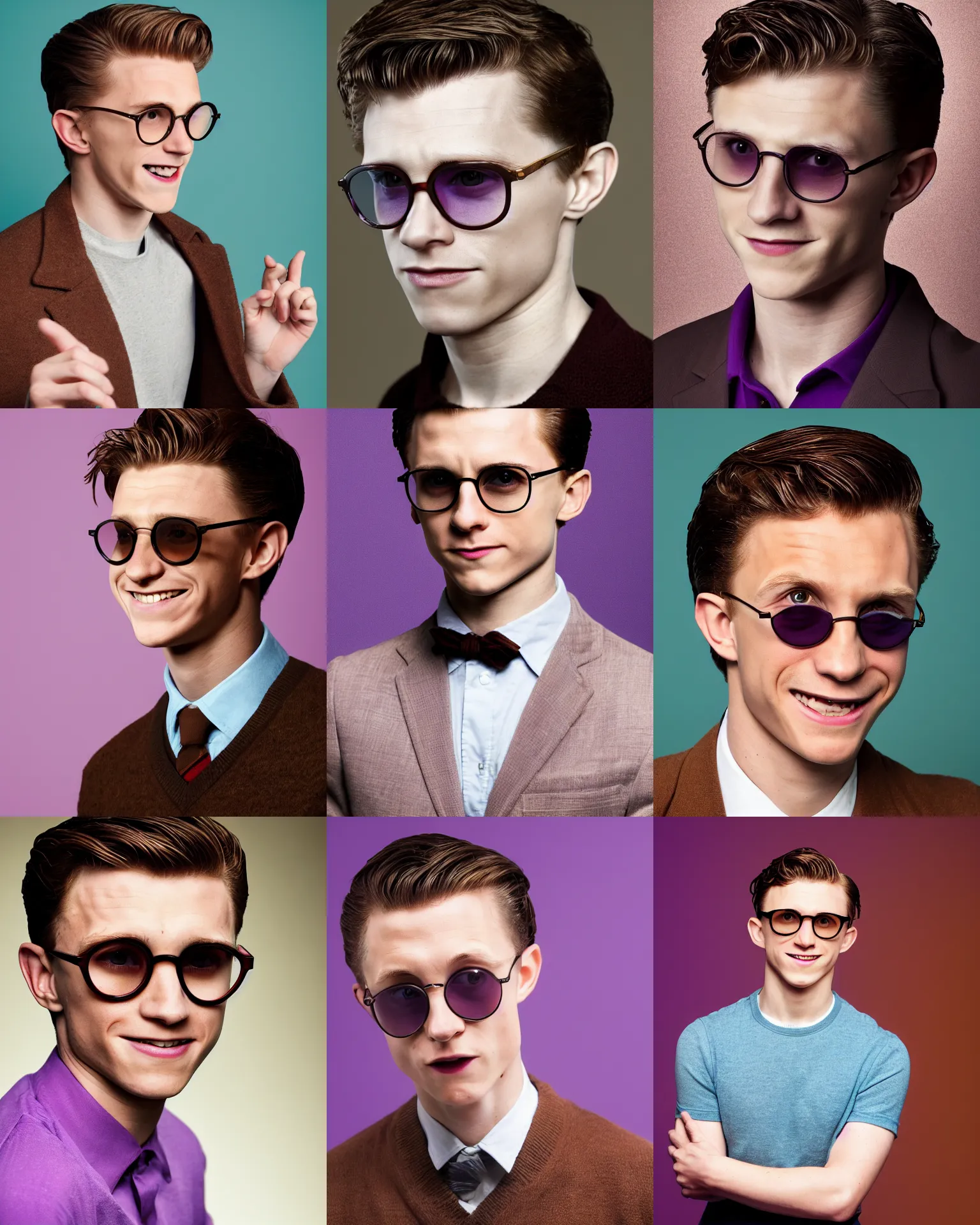 Prompt: a 27 year old Englishman with Armani sunglasses, short brown hair combed with a side parting, brown eyes, smiling, round face, candid portrait, 50mm, studio lighting, cyan and purple backdrop, Harry Potter, Tom Holland, 2000s