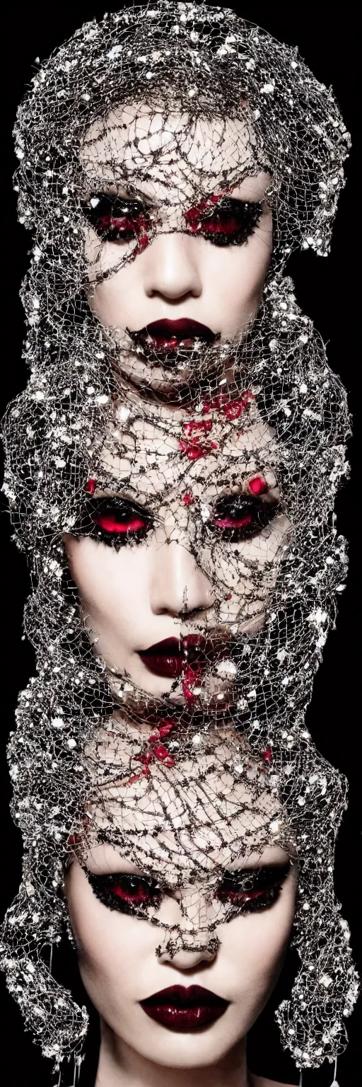 Prompt: a photograph of a woman with dark make-up around her eyes and red lipstick with slicked-back black hair wearing an outrageous Alexander McQueen mesh face jewelry across her face, encrusted with hanging beads and diamonds, haute couture, high fashion, Eiko Ishioka