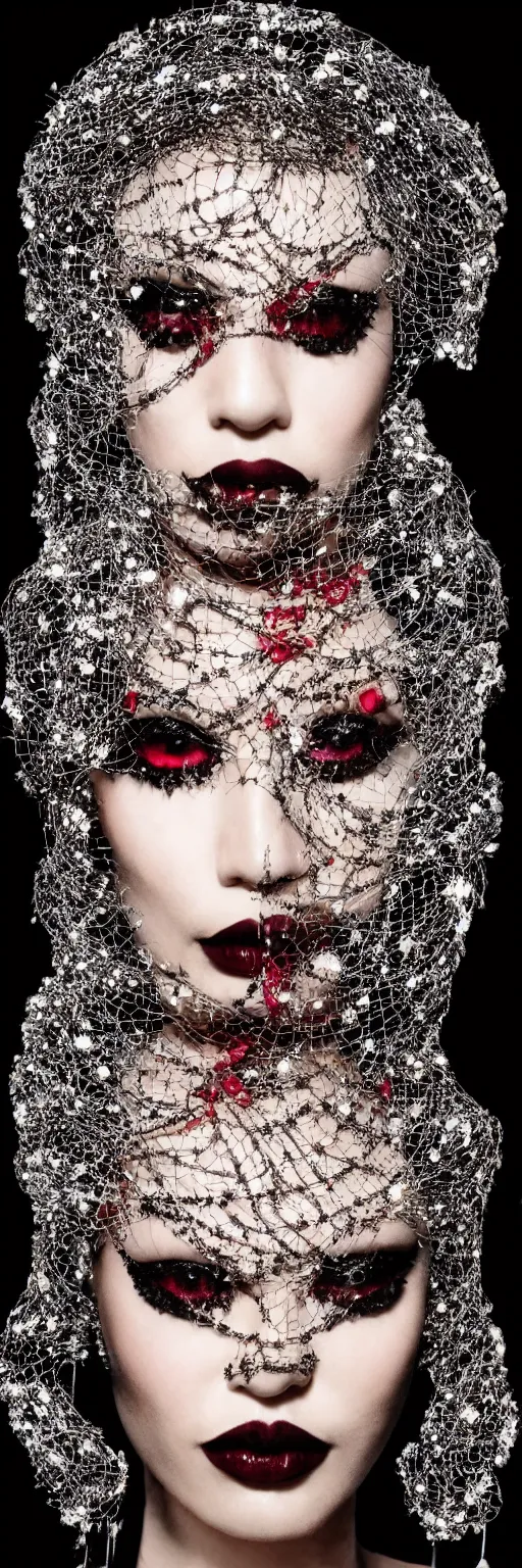 Image similar to a photograph of a woman with dark make-up around her eyes and red lipstick with slicked-back black hair wearing an outrageous Alexander McQueen mesh face jewelry across her face, encrusted with hanging beads and diamonds, haute couture, high fashion, Eiko Ishioka