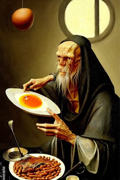 Image similar to hieronymus bosch, greg rutkowski, anna podedworna, painting of willem dafoe eating baked beans and eggs