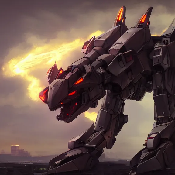 Image similar to hyper realistic, epic, highly detailed cinematic shot of a gigantic feral robot mecha canine, sharp dragon claws, cannon mounted on back, sleek armor, glowing visor, destroying city, digital art, furry art, macro art, dragon art, furaffinity, deviantart, sofurry