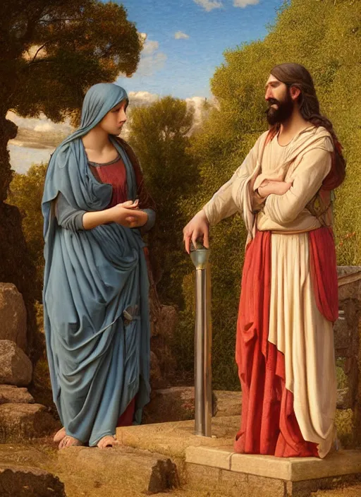 Prompt: beautiful art portrait by John William Godward and Anna Dittman depicting jesus and the samaritan woman at the well in the judean countryside, evening, atmospheric lighting, intricate detail, cgsociety, hyperrealistic, octane render, ambient light, dynamic lighting