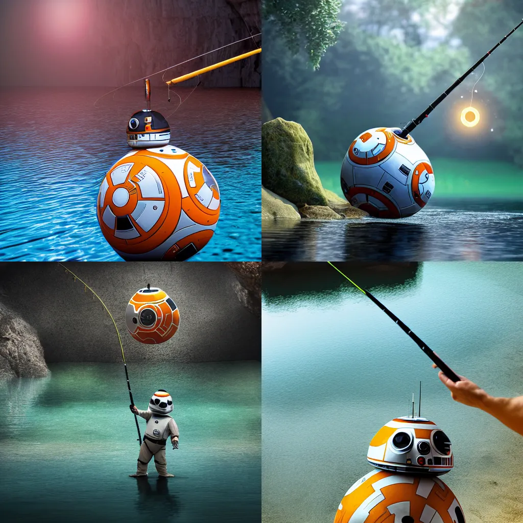 Prompt: bb - 8 holding a rod while fishing in a mysterious lake in a cave, sci - fi, hyperdetailed, realistic, dark colors, low contrast, 8 k